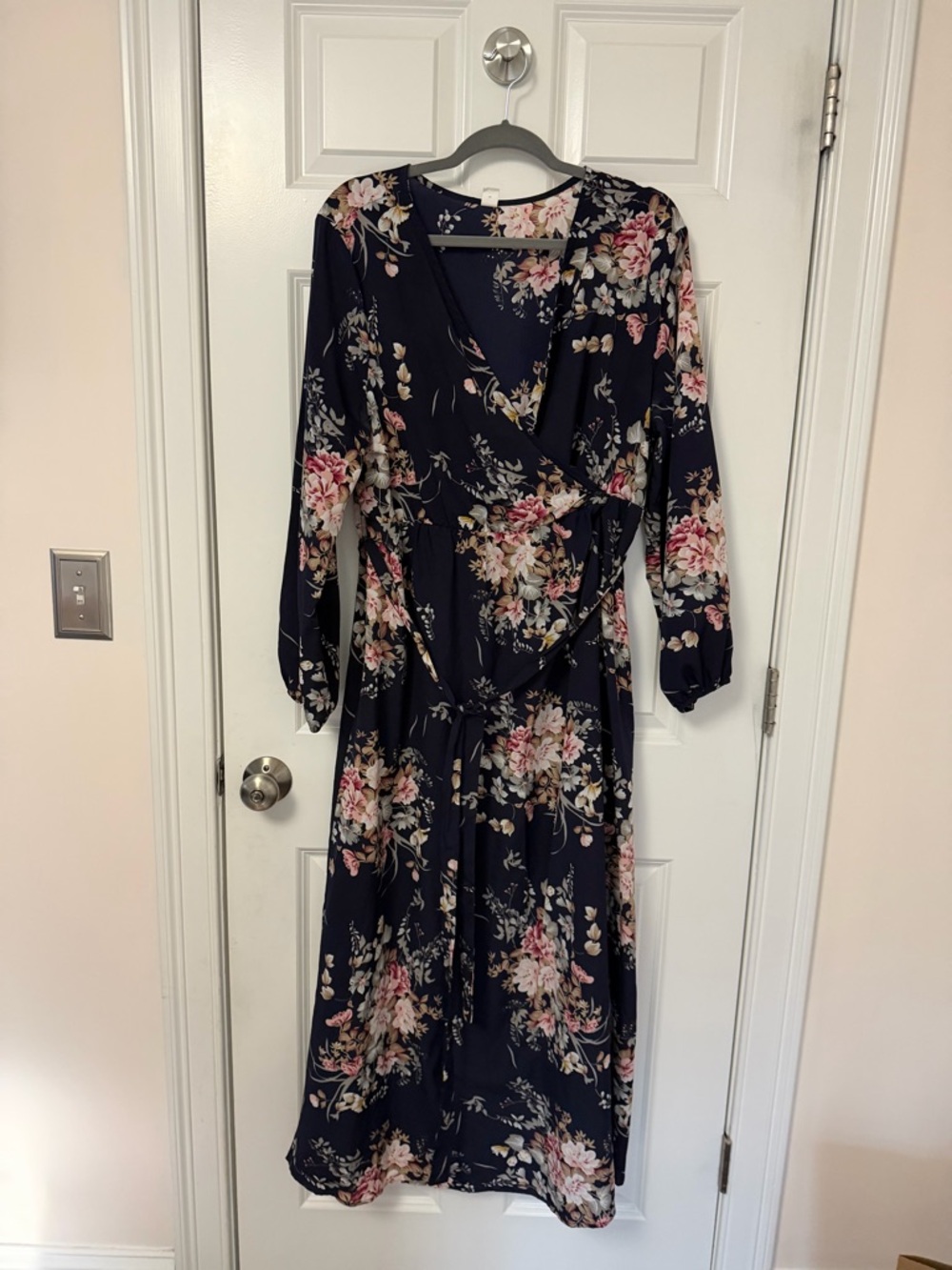 Floral Wrap Midi Dress in Navy and Pink
